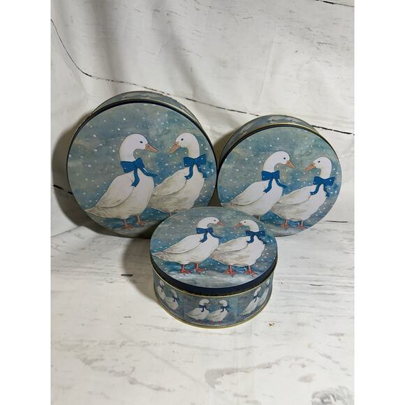 Set of 3 Vintage Round Geese Goose Metal Nesting Tins GUC - Picture 1 of 7
